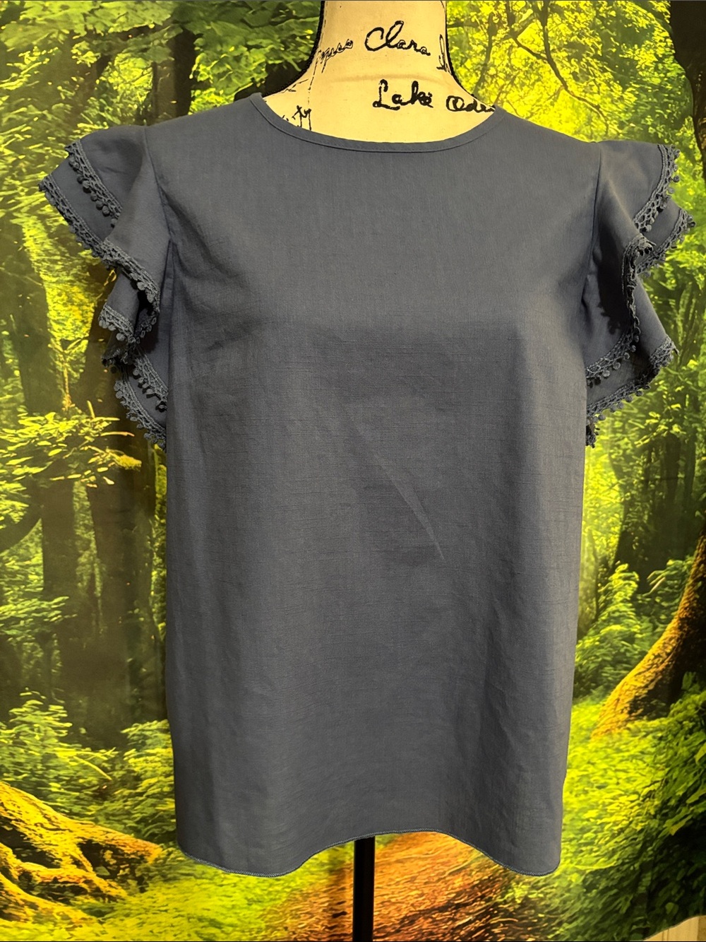 Women's Navy Ruffle Sleeve Blouse — Elegant Short Sleeve Top